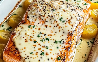 A close-up of a flaky baked salmon fillet topped with melted, creamy Boursin garlic and herb cheese and fresh dill.