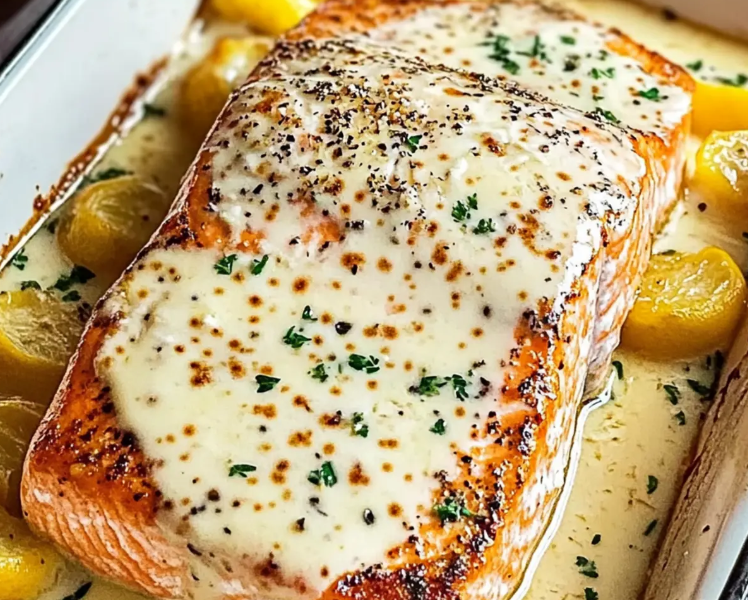 A close-up of a flaky baked salmon fillet topped with melted, creamy Boursin garlic and herb cheese and fresh dill.