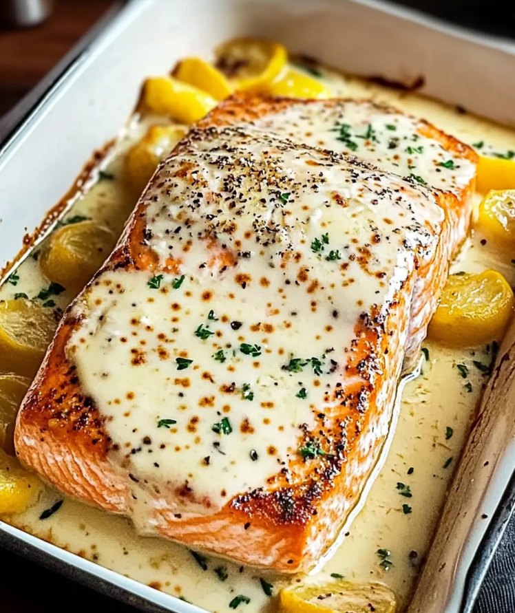 A close-up of a flaky baked salmon fillet topped with melted, creamy Boursin garlic and herb cheese and fresh dill.