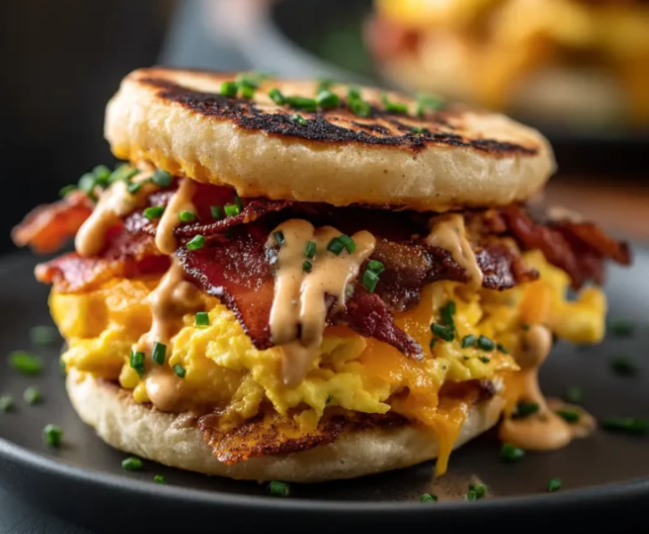 A stacked, juicy Chipotle Breakfast Sandwich with a runny egg, crispy bacon, melted cheddar, and creamy spicy sauce on a toasted brioche bun.