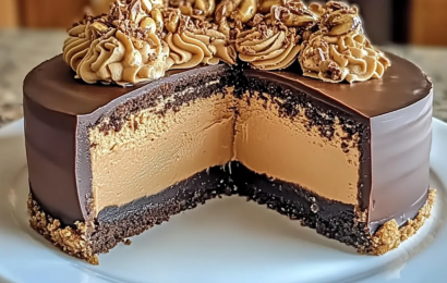 A thick slice of creamy chocolate peanut butter cheesecake topped with chocolate ganache and crushed peanut butter cups on a dark plate.