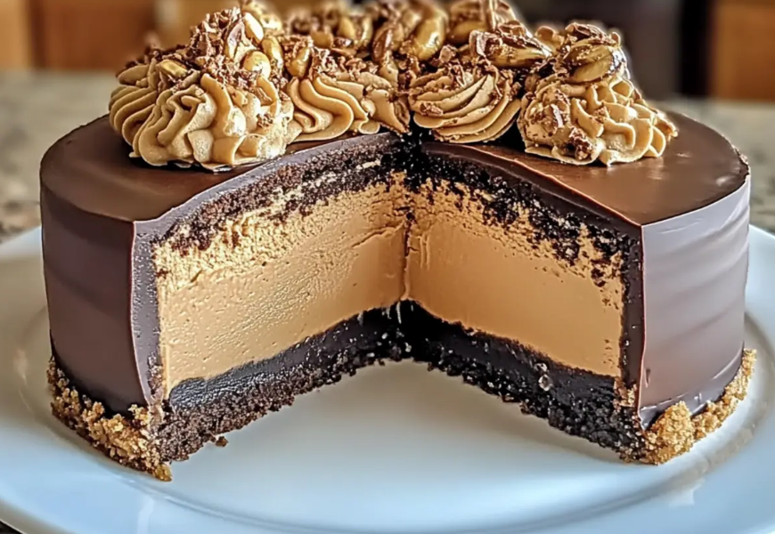 A thick slice of creamy chocolate peanut butter cheesecake topped with chocolate ganache and crushed peanut butter cups on a dark plate.