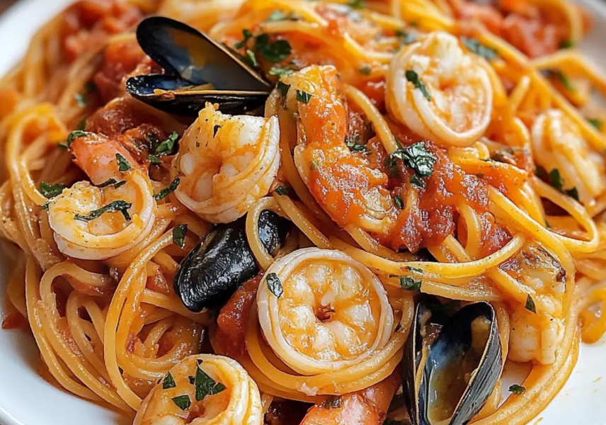 A steaming bowl of classic Italian seafood pasta featuring fresh mussels, clams, shrimp, and linguine tossed in a rich, garlicky tomato sauce on a rustic wooden table.