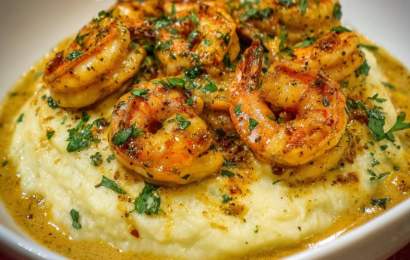 A warm bowl of fluffy mashed potatoes topped with plump shrimp drenched in a rich, creamy garlic sauce and garnished with fresh parsley.
