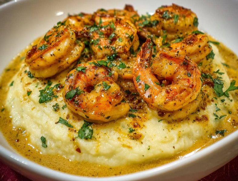 A warm bowl of fluffy mashed potatoes topped with plump shrimp drenched in a rich, creamy garlic sauce and garnished with fresh parsley.