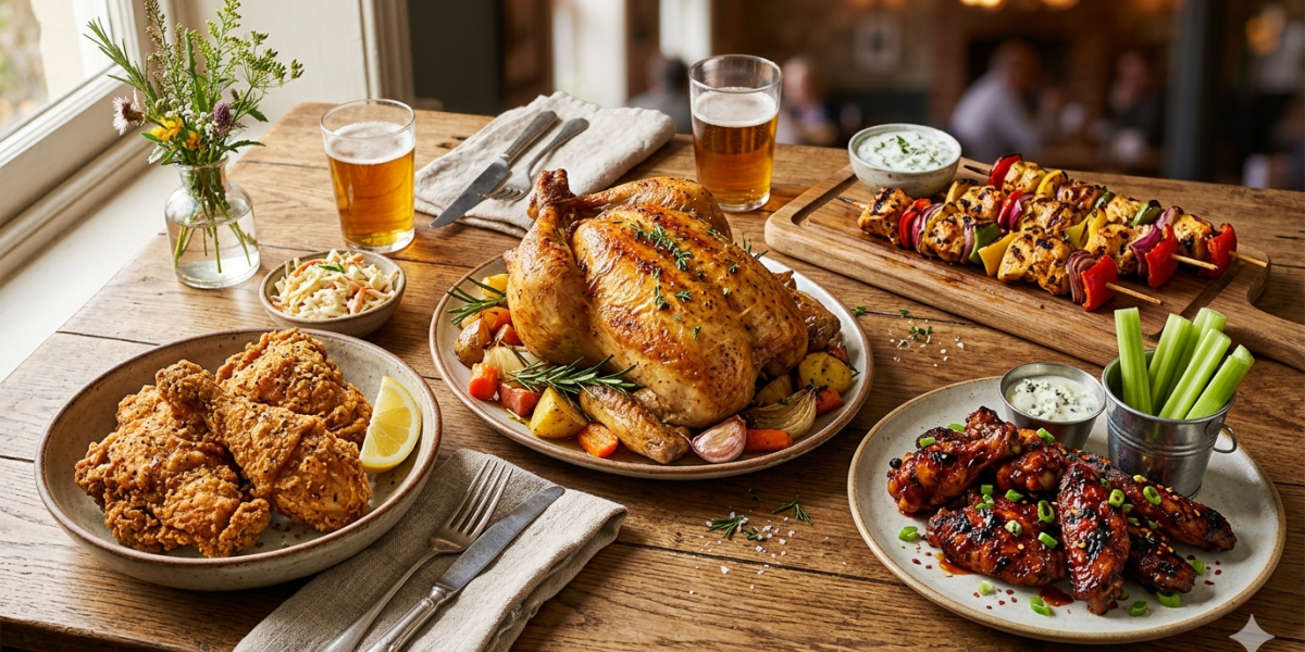 A spread of the best chicken recipes featuring crispy wings, juicy roasted chicken, and savory drumsticks on a rustic table