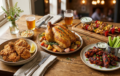 A spread of the best chicken recipes featuring crispy wings, juicy roasted chicken, and savory drumsticks on a rustic table