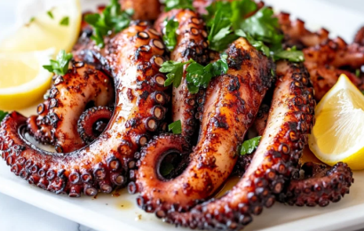 A plate of tender Mediterranean grilled octopus tentacle with charred edges, served over a fresh lemon-herb olive oil dressing.