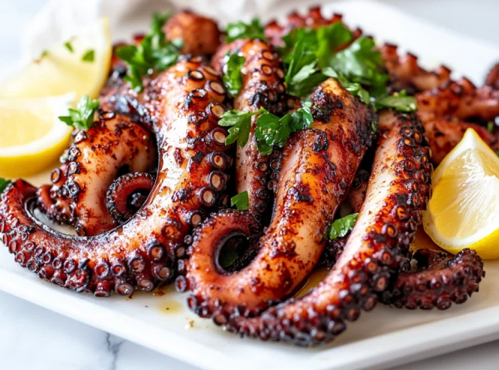 A plate of tender Mediterranean grilled octopus tentacle with charred edges, served over a fresh lemon-herb olive oil dressing.