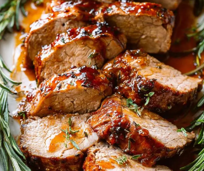 A juicy, sliced honey garlic pork tenderloin glazed in a thick, glossy sweet and savory sauce on a serving platter, garnished with fresh parsley and minced garlic.