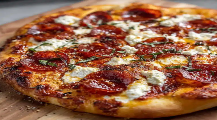 A freshly baked pepperoni pizza topped with dollops of creamy ricotta cheese and a shiny drizzle of hot honey on a wooden pizza peel.