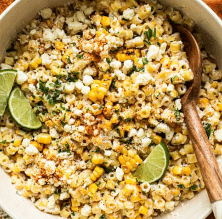 A large bowl of Mexican Street Corn Pasta Salad with grilled corn, cotija cheese, fresh cilantro, and creamy lime dressing.