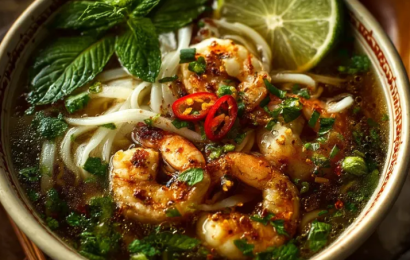 A steaming bowl of quick aromatic shrimp pho (pho tom) with rice noodles, plump shrimp, fresh cilantro, and lime wedges on a dark table.