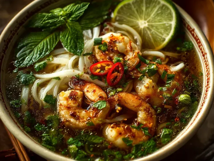 A steaming bowl of quick aromatic shrimp pho (pho tom) with rice noodles, plump shrimp, fresh cilantro, and lime wedges on a dark table.