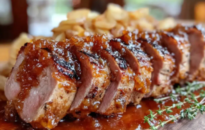 A juicy sliced pork tenderloin drizzled with a thick, savory apple butter glaze on a wooden serving platter.