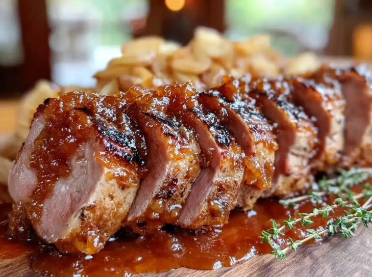 A juicy sliced pork tenderloin drizzled with a thick, savory apple butter glaze on a wooden serving platter.