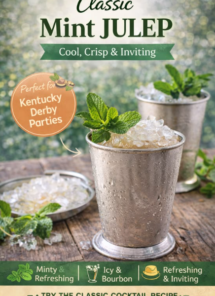 A frosty silver julep cup filled with crushed ice, garnished with a generous bunch of fresh green mint leaves and a straw