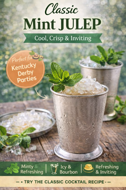 A frosty silver julep cup filled with crushed ice, garnished with a generous bunch of fresh green mint leaves and a straw
