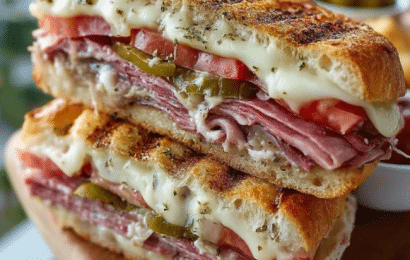 A juicy, pressed Cuban chicken sandwich with melted Swiss cheese, pickles, and mustard on crusty bread