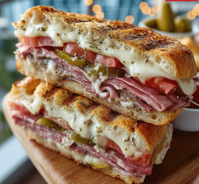 A juicy, pressed Cuban chicken sandwich with melted Swiss cheese, pickles, and mustard on crusty bread