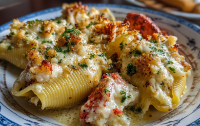A baking dish fresh out of the oven filled with jumbo pasta shells stuffed with shrimp and crab meat, bubbling in a creamy garlic white sauce and topped with melted mozzarella cheese.