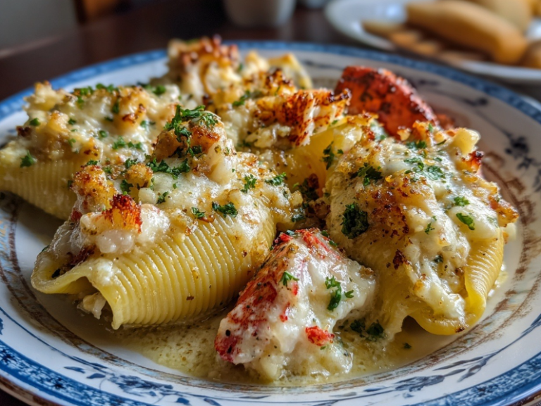 A baking dish fresh out of the oven filled with jumbo pasta shells stuffed with shrimp and crab meat, bubbling in a creamy garlic white sauce and topped with melted mozzarella cheese.
