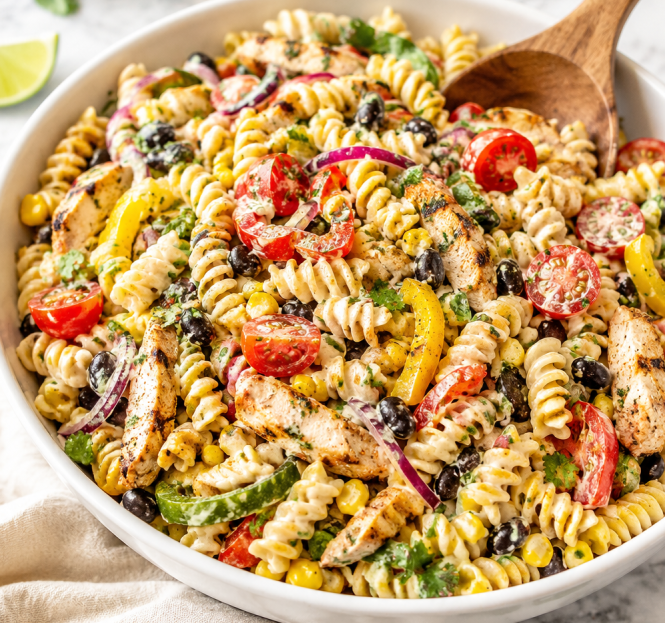 A large bowl of colorful Southwest Fajita Pasta Salad packed with black beans, corn, bell peppers, and grilled chicken, tossed in a creamy lime dressing.