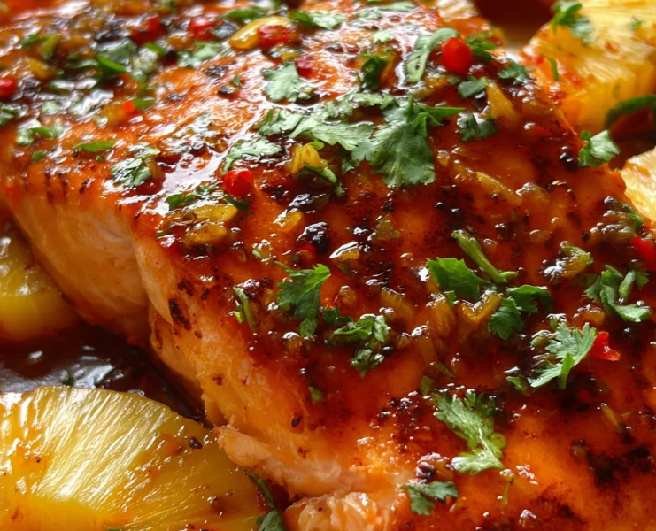 A perfectly baked salmon fillet glazed with a glossy sweet chili sauce, topped with chunks of juicy caramelized pineapple and fresh cilantro.