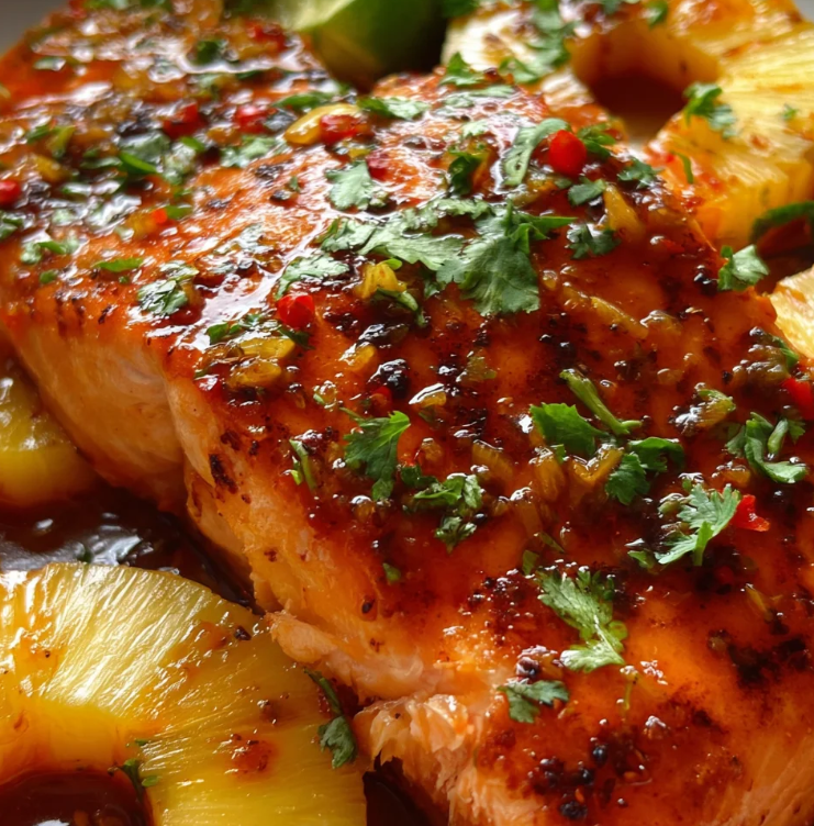 A perfectly baked salmon fillet glazed with a glossy sweet chili sauce, topped with chunks of juicy caramelized pineapple and fresh cilantro.