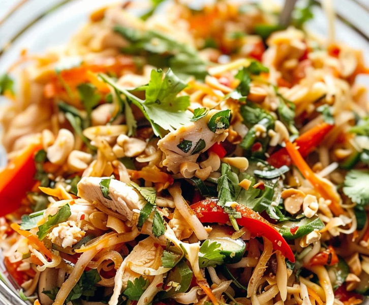 A colorful bowl of Chopped Thai-Inspired Chicken Salad with shredded purple cabbage, carrots, and diced chicken breast drizzled with peanut dressing.