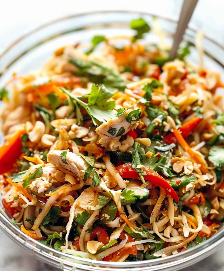 A colorful bowl of Chopped Thai-Inspired Chicken Salad with shredded purple cabbage, carrots, and diced chicken breast drizzled with peanut dressing.