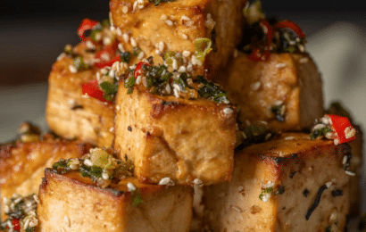 A bowl of crispy golden air fried salt and pepper tofu topped with fresh scallions, chili, and glistening sizzling sesame oil.