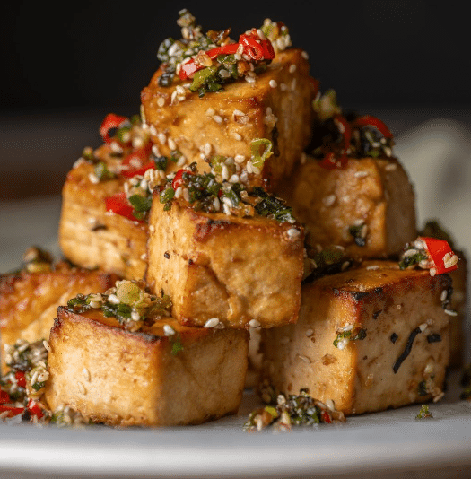 A bowl of crispy golden air fried salt and pepper tofu topped with fresh scallions, chili, and glistening sizzling sesame oil.