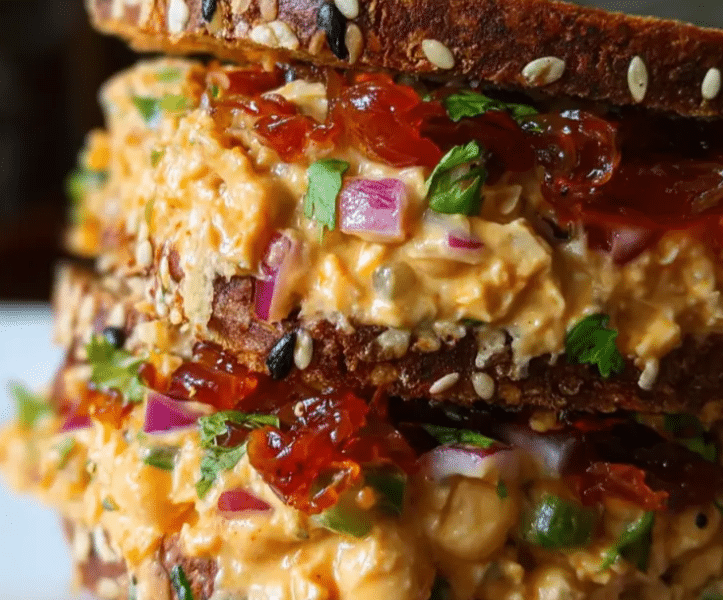 A vibrant Gochujang chickpea salad sandwich packed with fresh lettuce, crunchy cucumbers, and creamy spicy smashed chickpeas on toasted sourdough bread.