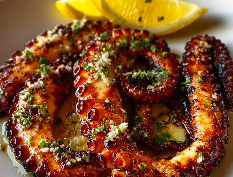 A beautifully charred Mediterranean grilled octopus tentacle served on a rustic plate, drizzled with olive oil, fresh lemon juice, capers, and chopped parsley.