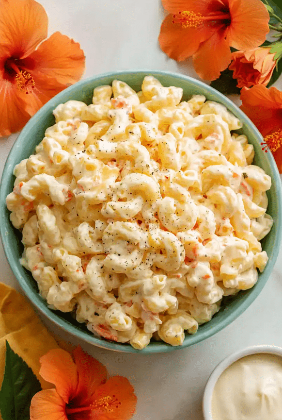 A large, beautiful bowl of creamy authentic Hawaiian macaroni salad mixed with fine orange carrot shreds and grated onions, served on a tropical wood table.