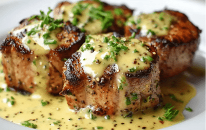 A perfectly seared, juicy pork tenderloin sliced into medallions, smothered in a rich, glossy creamy Dijon mustard sauce, garnished with fresh thyme on a rustic white serving platter.