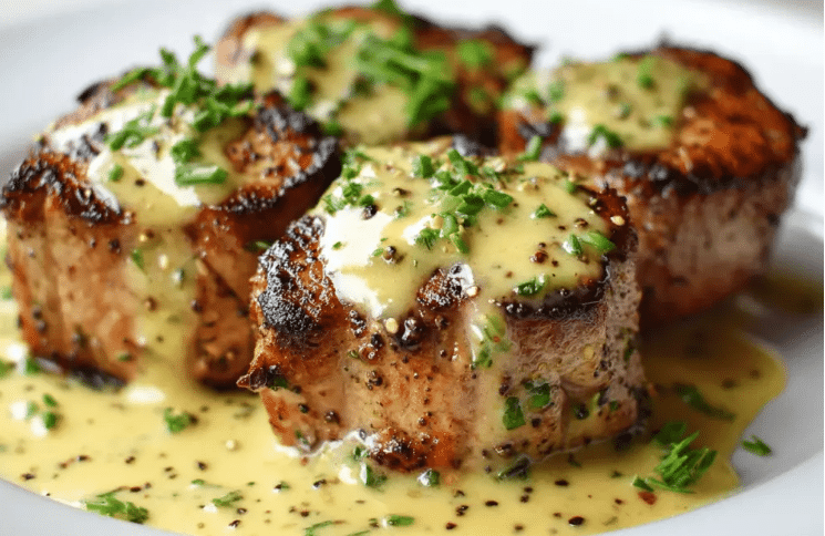A perfectly seared, juicy pork tenderloin sliced into medallions, smothered in a rich, glossy creamy Dijon mustard sauce, garnished with fresh thyme on a rustic white serving platter.