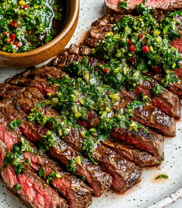 A perfectly grilled flank steak sliced against the grain on a wooden board, generously topped with a vibrant, bright green garlic and herb homemade chimichurri sauce.