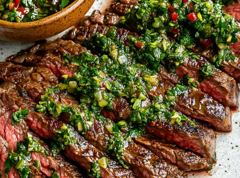 A perfectly grilled flank steak sliced against the grain on a wooden board, generously topped with a vibrant, bright green garlic and herb homemade chimichurri sauce.