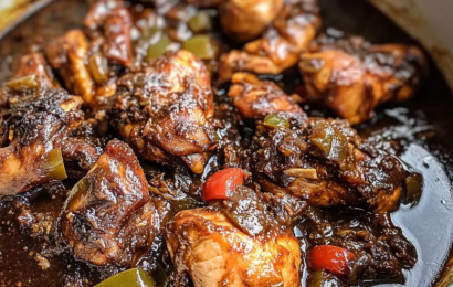 A vibrant, steaming plate of authentic brown stew chicken with rich, dark gravy, tender bell peppers, and carrots, served next to a bed of traditional rice and peas.
