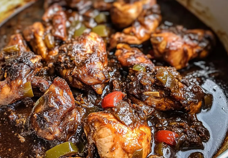 A vibrant, steaming plate of authentic brown stew chicken with rich, dark gravy, tender bell peppers, and carrots, served next to a bed of traditional rice and peas.