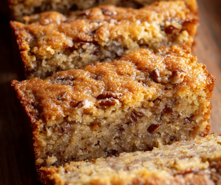 A square slice of moist Sweet Alabama Pecan Bread with a crinkly brown sugar crust and loaded with chopped pecans, served on a vintage ceramic plate.