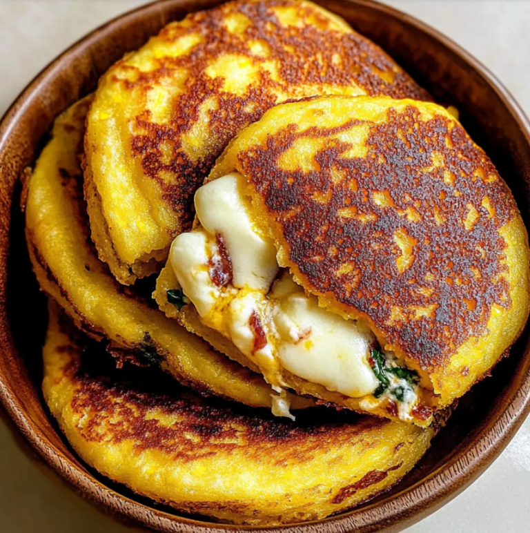 A steaming hot, golden-brown Venezuelan sweet corn cachapa folded in half, oozing with thick layers of melted white cheese on a rustic wooden board.