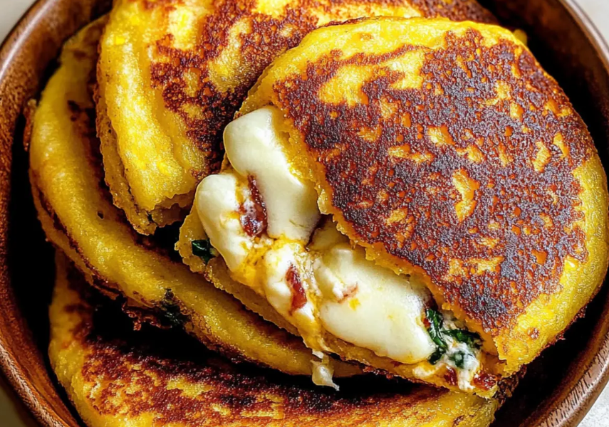 A steaming hot, golden-brown Venezuelan sweet corn cachapa folded in half, oozing with thick layers of melted white cheese on a rustic wooden board.