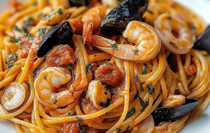 A steaming skillet of classic Italian seafood pasta with long strands of spaghetti tossed in a rich garlic white wine sauce, loaded with fresh mussels, clams, shrimp, and calamari, garnished with fresh chopped parsley.