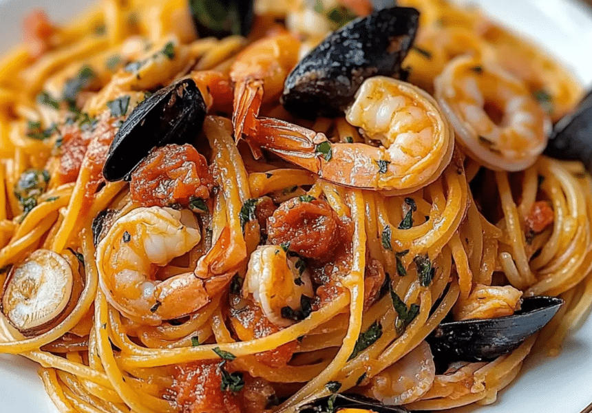 A steaming skillet of classic Italian seafood pasta with long strands of spaghetti tossed in a rich garlic white wine sauce, loaded with fresh mussels, clams, shrimp, and calamari, garnished with fresh chopped parsley.