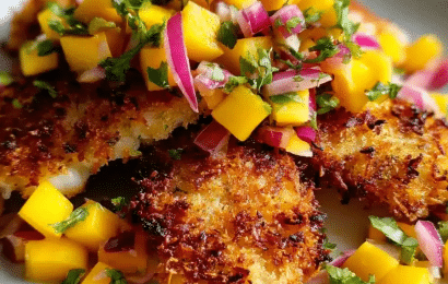 A plate of golden, crispy coconut crusted white fish fillets served alongside a vibrant, colorful heap of fresh mango salsa with diced avocado and red onion.